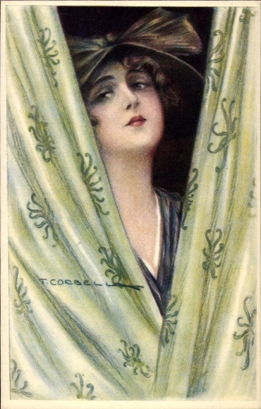 Artist Postcard Corbella, T., Woman behind a curtain, portrait