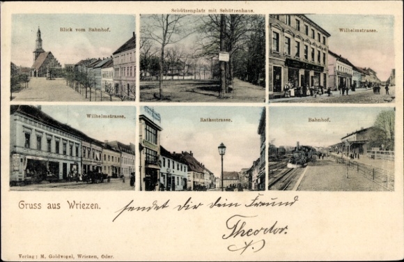 Postcard Wriezen im Oderbruch, Schützenplatz with Schützenhaus, train station, Wilhelmstraße