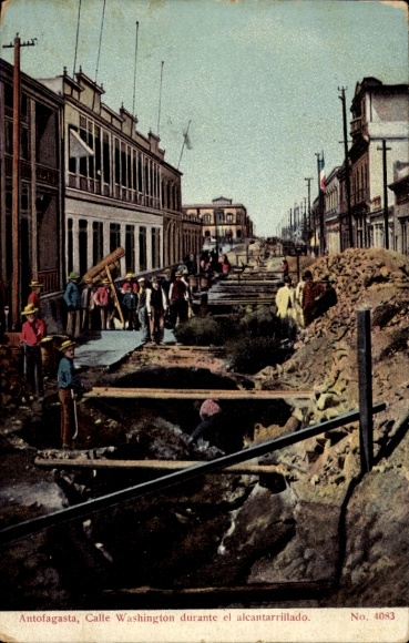 Postcard Antofagasta Chile, Calle Washington, construction work, people,