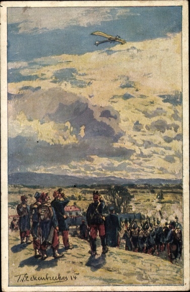 Kunstenaar ansichtkaart hoekbreker, T. van, bombardement van een Duitse duif, luchtvlootvereniging