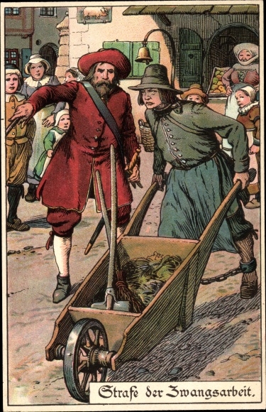 Artist Postcard Jodolfi, punishment of forced labour, convicted criminal with wheelbarrow, shame bell