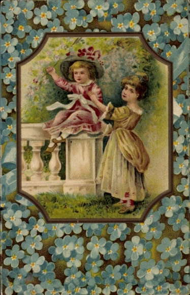 Embossed Passepartout Postcard Children, Forget-me-not