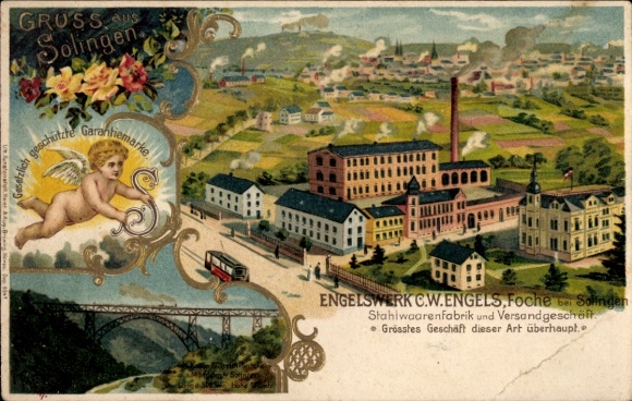 Präge Litho Foche Solingen in Nordrhein Westfalen, Engelswerk, Stahlwarenfabrik C. W. Engels, Brücke