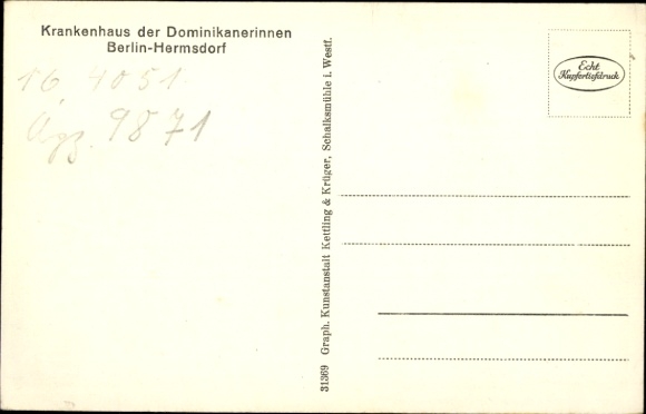 Postcard Berlin Reinickendorf Hermsdorf, Dominican Hospital, Park