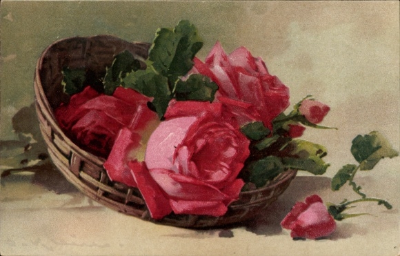 Artist Postcard Catharina Klein, Red Roses in a Basket, Meissner & Buch 1934