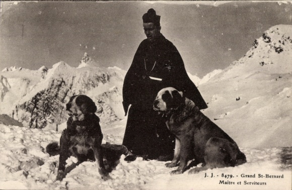 Postcard Bernardiner, Grand St-Bernard, Maitre et Serviteurs