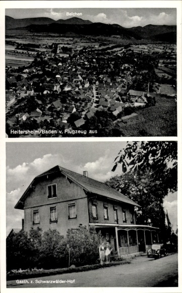 Postcard Heitersheim in the Black Forest, aerial photograph, Gasthaus zum Schwarzwälder Hof