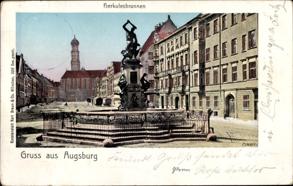 Golden Windows Illuminated Window Postcard Augsburg in Swabia, Herkulesbrunnen