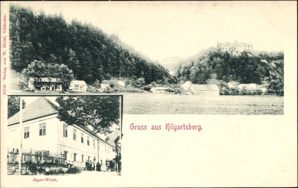 Postcard Hofkirchen an der Donau Niederbayern, view to the ruins of Hilgartsberg, Inn Jäger Wirt