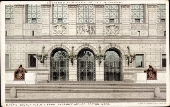 Postcard Boston Massachusetts USA, Public Library, entrance arches