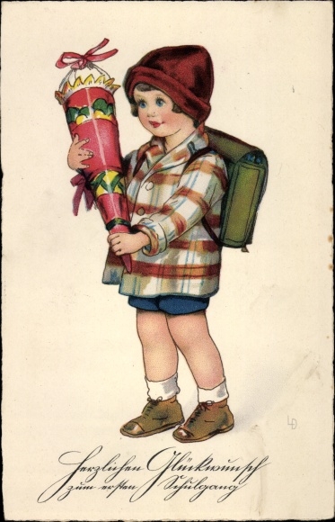Artist PC Döring, Lia, congratulations on school enrollment, child with school bag and satchel