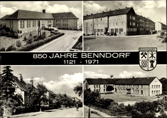 Coat of arms Postcard Benndorf in Saxony Anhalt, coat of arms, 850 years, daycare center, polyt. Oberschule, Ernst Thälmann Str.