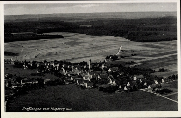 Postcard Stafflangen Biberach an der Riß Upper Swabia Württemberg, aerial view of fields, residential buildings