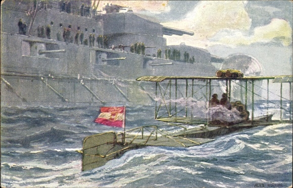 Artist Postcard Kircher, Alex, Austrian military aircraft, seaplane ascending, warship