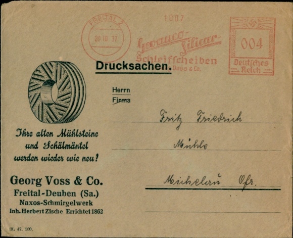 Envelope Gevauvo Silicar grinding wheels, Georg Voss & Co. Freital-Deuben, Naxos Schmirgelwerk