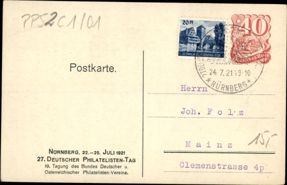 Postal stationery coat of arms PC Nuremberg in Middle Franconia Bavaria, 27th German Philatelic Day 1921