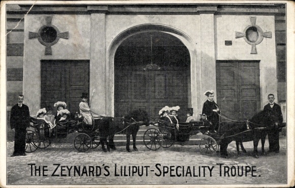 Postcard The Zeynard's Liliput Speciality Troupe, pony carriages, Lilliputians