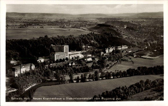 Postcard Schwäbisch Hall in Baden Württemberg, New Hospital, Deaconess Institution, aerial photograph