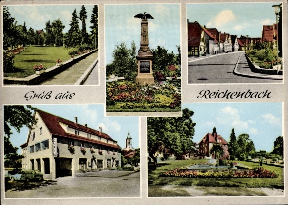 Ak Reichenbach bei Karlsruhe Waldbronn, Denkmal, Straßenansicht, Bäckerei Konditorei Konrad Becker