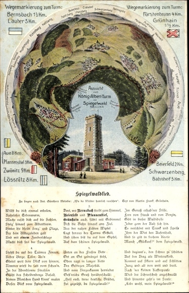 Ak Grünhain im Erzgebirge Sachsen, König-Albert-Turm, Spiegelwaldlied