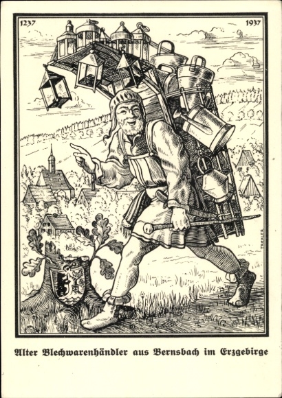 Artist PC Bernsbach in the Erzgebirge Saxony, 700th anniversary 1237-1937, old tin goods dealer