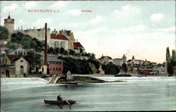 Postcard Bernburg an der Saale, view of castle water, boat, buildings, trees