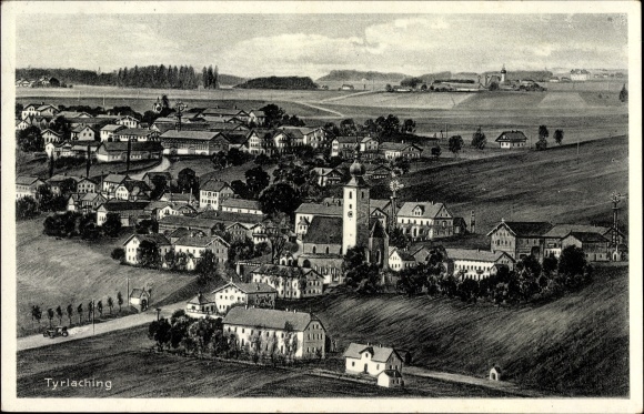 Postcard Tyrlaching in the foothills of the Alps, general view of the place, church