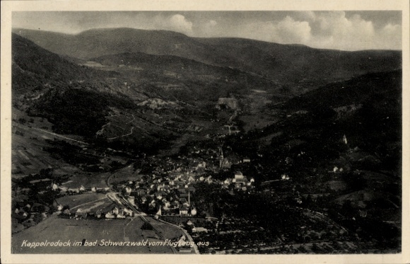 Postcard Kappelrodeck in the Black Forest, aerial photograph of the Black Forest, black and white