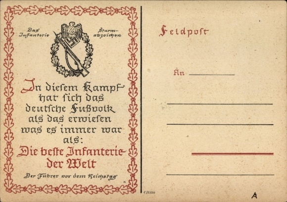 Ak In diesem Kampf hat sich das deutsche Fußvolk..., Beste Infanterie der Welt, Zitat Adolf Hitler