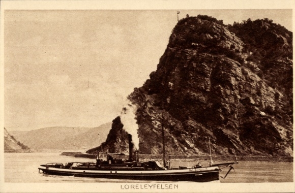 Ak Sankt Goarshausen am Rhein, Loreley, Loreleyfelsen, Dampfer