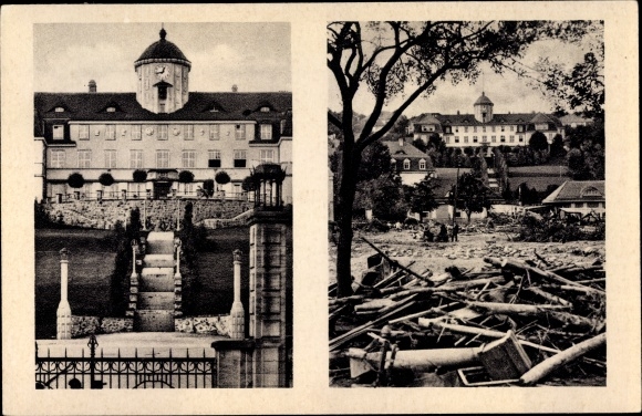 Ak Bad Gottleuba in Saksen, voor de ingang van het sanatorium voor en na de storm