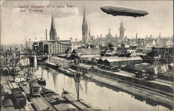 KP Duisburg w Zagłębiu Ruhry, sterowiec Zeppelin III nad miastem, obiekty portowe