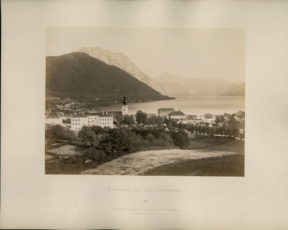 Photo around 1880, Gmunden in Upper Austria, view of the town and lake from Calvary, mountain panorama
