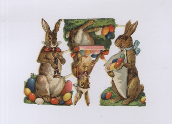 Block of 3 Easter bunnies with colorful Easter eggs, each approx. 15 x 19 cm