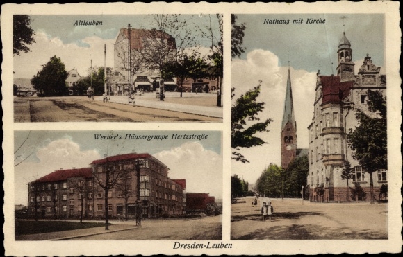 Ansichtkaart Dresden Leuben, Werners huizengroep Hertzstraße, gemeentehuis met kerk