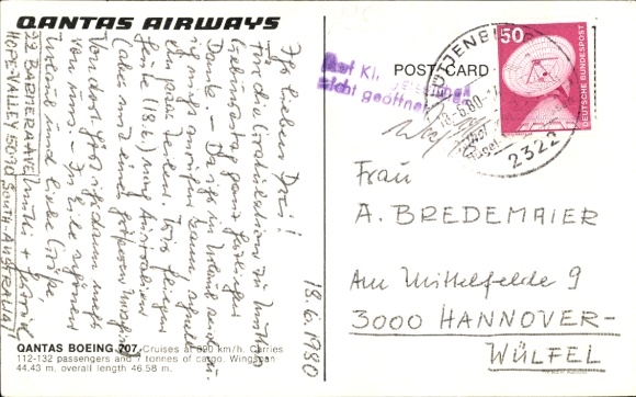 Postcard passenger aircraft, Boeing 707, Qantas Airways