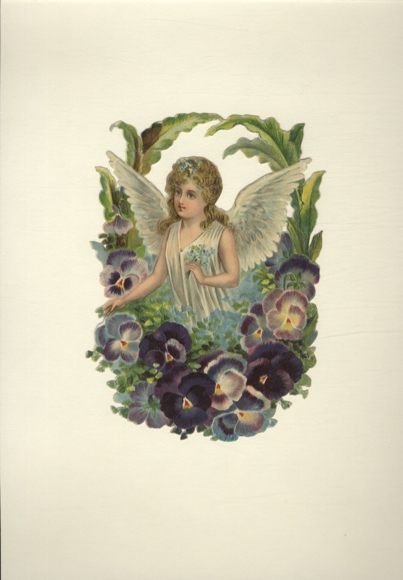 Oblate Engel in einem Blumenkranz, Stiefmütterchen, Größe ca. 17 x 11 cm