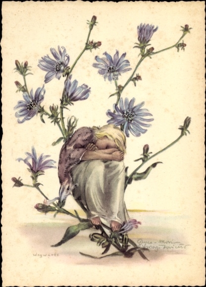 Artist Postcard Schwarz Torinus, Anna, sleeping girl, cornflowers