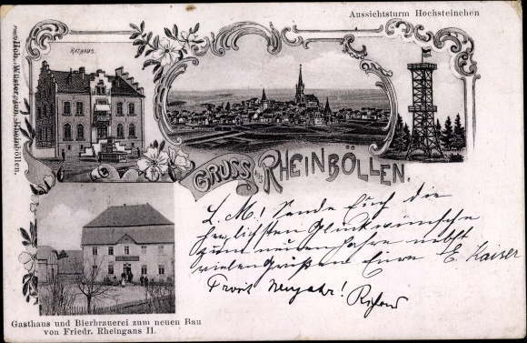 Postcard Rheinböllen in the Hunsrück, Hochsteinchen observation tower, town hall, inn for the new building, brewery