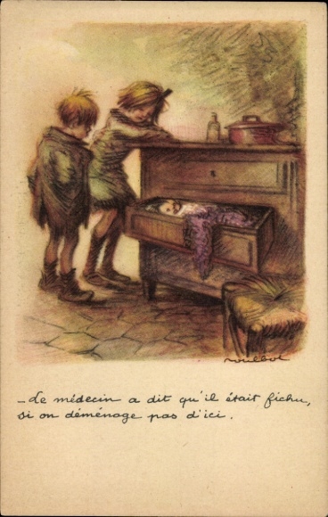 Artist Postcard Poulbot, Franciscque, Children, Baby sleeping in a drawer