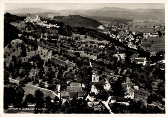 Postcard Rötteln Haagen Lörrach in Baden, aerial photograph, castle ruin Rötteln