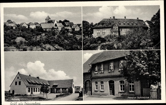 Postcard Dringenberg Bad Driburg in Westphalia, general view, castle, Pension Schönblick, school