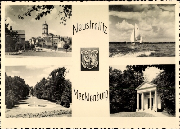 Herb KP Neustrelitz w Meklemburgii, ogród zamkowy, kościół, żaglówka