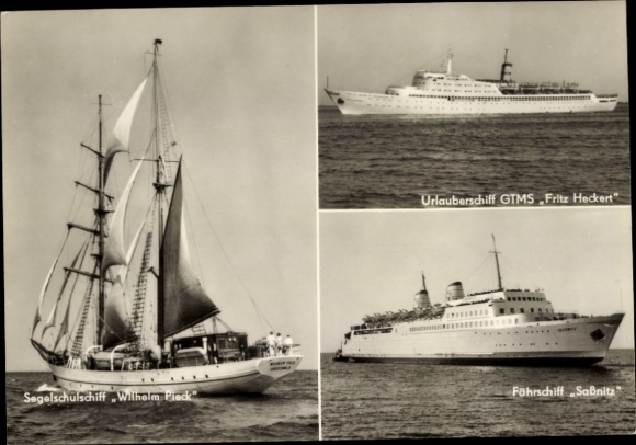Postcard sailing training ship Wilhelm Pieck, holiday ship GTMS Fritz Heckert, ferry Sassnitz