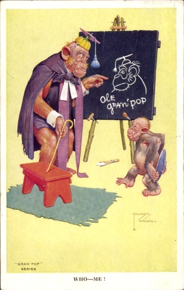 Artist Postcard Wood, Lawson, humanized monkeys, grandfather, panel