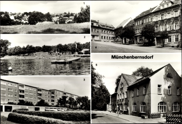 PC Münchenbernsdorf in Thuringia, summer pool, new buildings, market, FDGB culture house Hermann Duncker