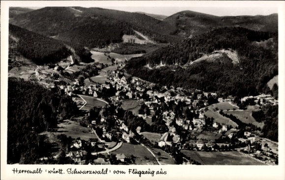 Postcard Bad Herrenalb in the Black Forest, aerial view of the Black Forest, river, forests, houses