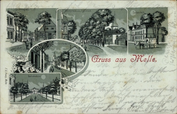 Mondschein Litho Melle in Niedersachsen, Bahnhofstraße, Marktplatz, Plessenbergstraße