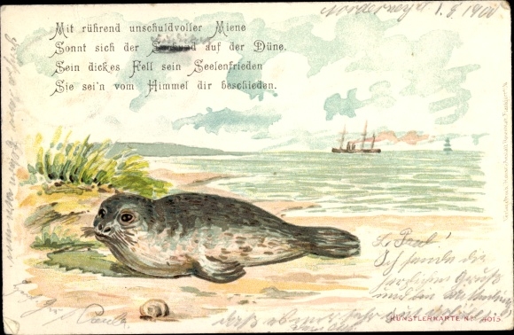 Künstler Litho Robbe am Strand, Gedicht