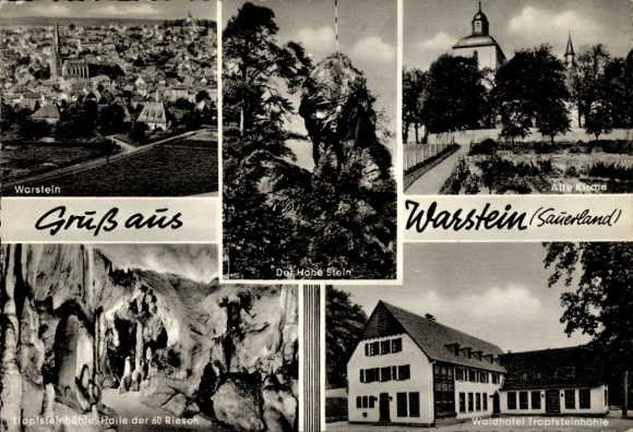 Postcard Warstein in Sauerland Westphalia, Panorama, Waldhotel stalactite cave, Old Church, The Hohe Stein